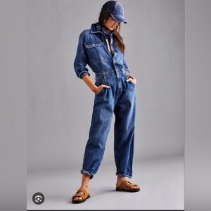 Free People Sammie Denim Coverall Utility Jumpsuit size M Seascape Blue $128